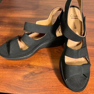 Clark’s, Black suede, 9, rubber sole Velcro closure